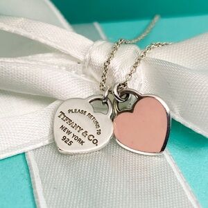 Tiffany & Co. double heart pink enamel mini Necklace authenticated 16” box